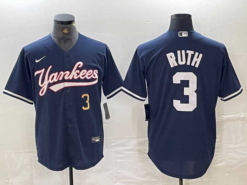 Mens New York Yankees #3 Babe Ruth Number Navy Cool Base Stitched Baseball Jersey->new york yankees->MLB Jersey